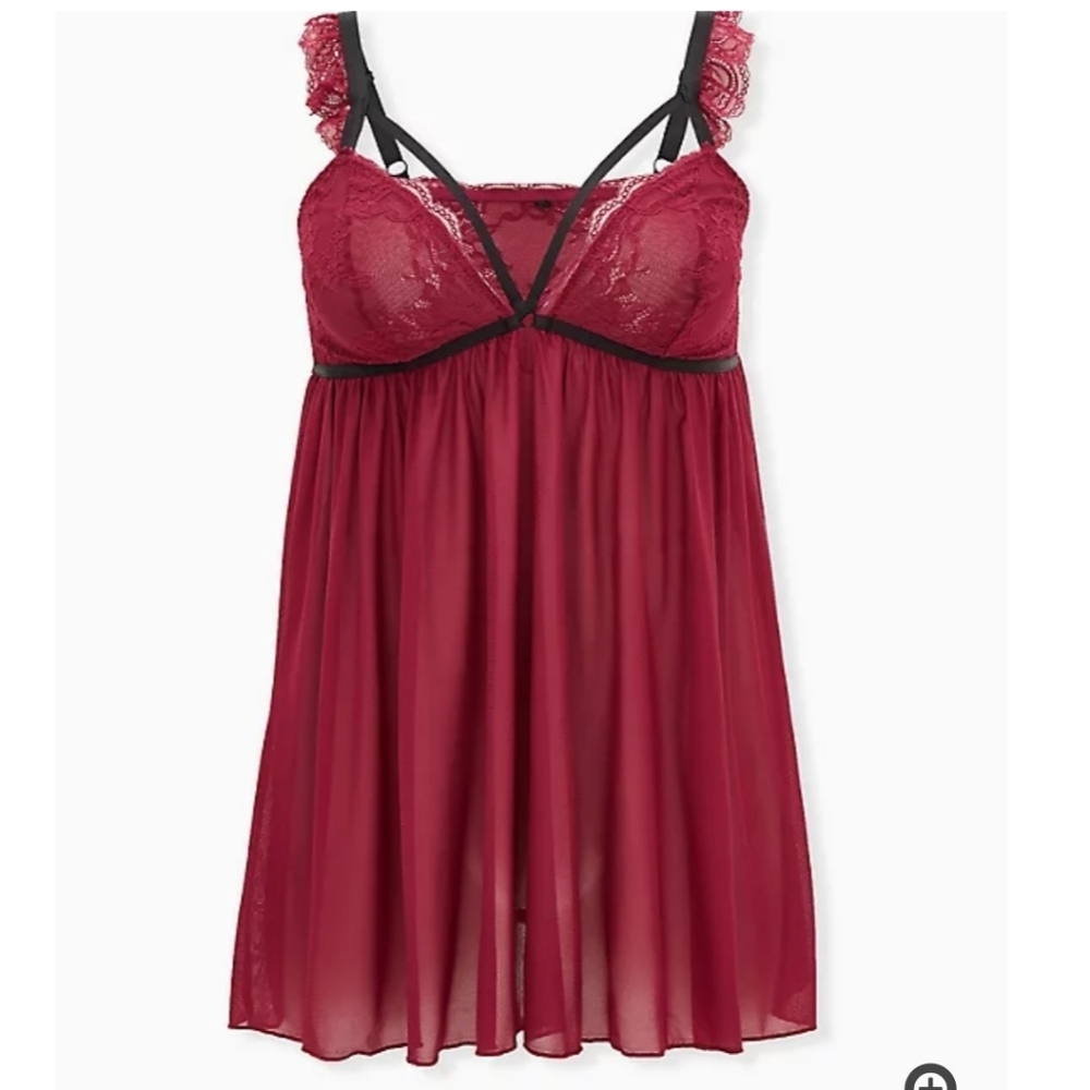 🆕BURGUNDY LACE & MESH STRAPPY WIRELESS BABYDOLL…